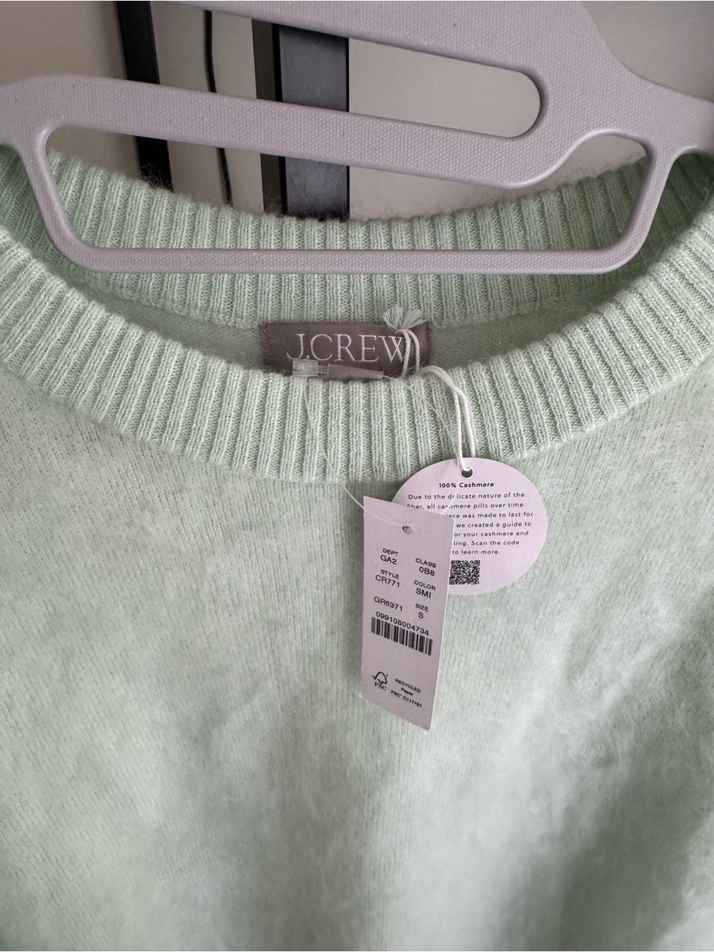 NWT J. Crew Brushed 100% Cashmere Crewneck Sweater in Soft Mint Green